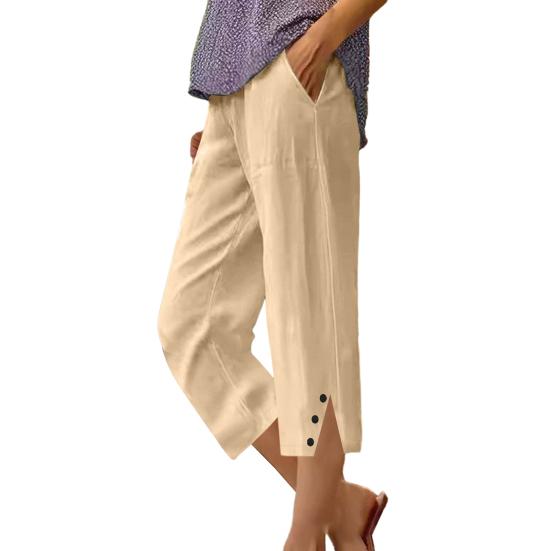 Women Cropped Pants Elastic Waist Wide Leg Beach Pants with Pockets Solid Color Casual Loose Fit Pants