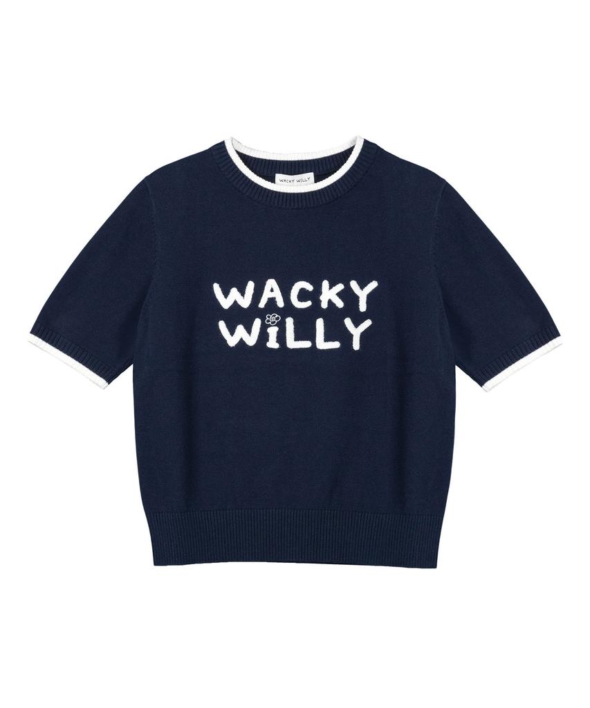 WACKY WILLY Women'S Typographic Logo Color Block Short Sleeve Knit Navy