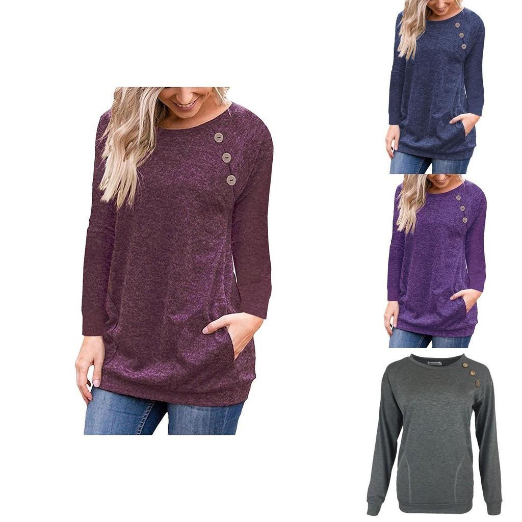 Fashionable Women's Long Sleeve Pullover Sweater With Button Deco And Versatile Style