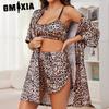 Ice Silk Pajamas Women Summer Leopard Print Robe Underwear Shorts Three Piece Homewear