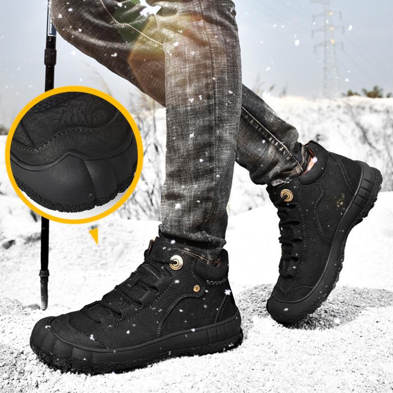 Men's Hiking Leather Boots High Top Plush Outdoor Cotton Shoes Large Size 39-46