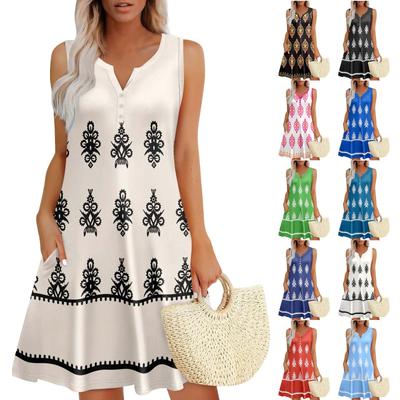 Женские летние платья Свободные сарафаны без рукавов с V-образным вырезом Платье с карманами