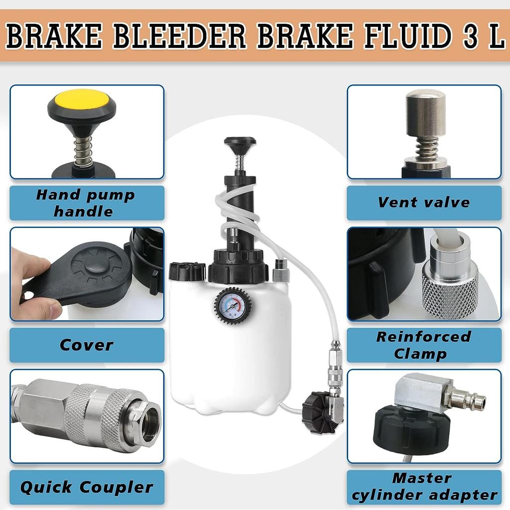 3L Liquid Brake Bleed Kit with 1L Refill Bottle & Cylinder Adapter, Vacuum Pump Bleed Pressure 10-30 PSI for Car Clutch Pneumatic A B S Systems