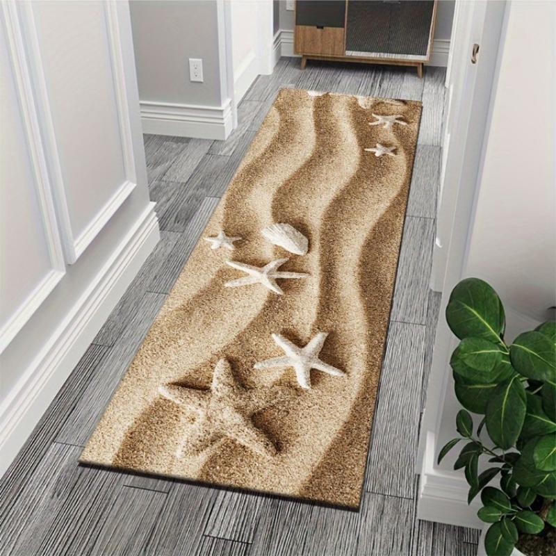 3D Wavy Beach Sand White Starfish Seashell Long Runner Rug,Non-Slip Washable Rug for Kitchen, Entryway,Balcony,Bathroom & Living