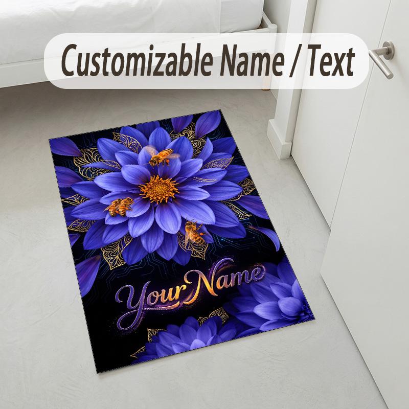 Floral Theme Soft Crystal Velvet Rug Custom Name & Text Print Non Slip Floor Rug for Bedroom Living Room