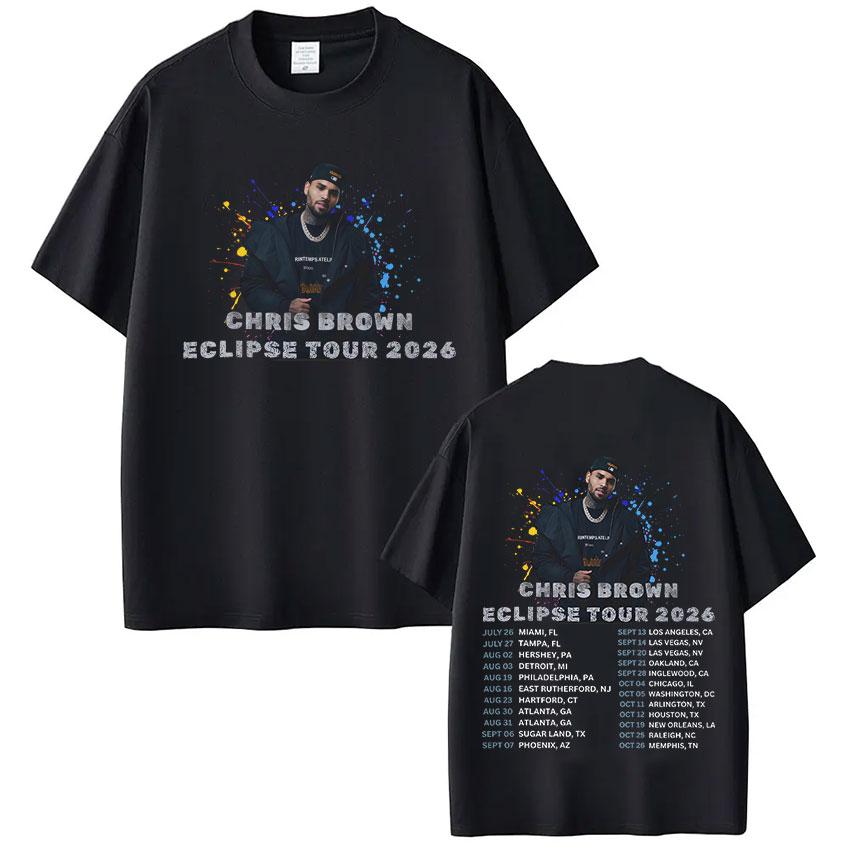 Т-shirt с мерчем с концерта рэпера Криса Брауна Eclipse Tour 2026 Подарки для фанатов Мужская Женская Мода Хип-Хоп Хлопковая Повседневная Футболка