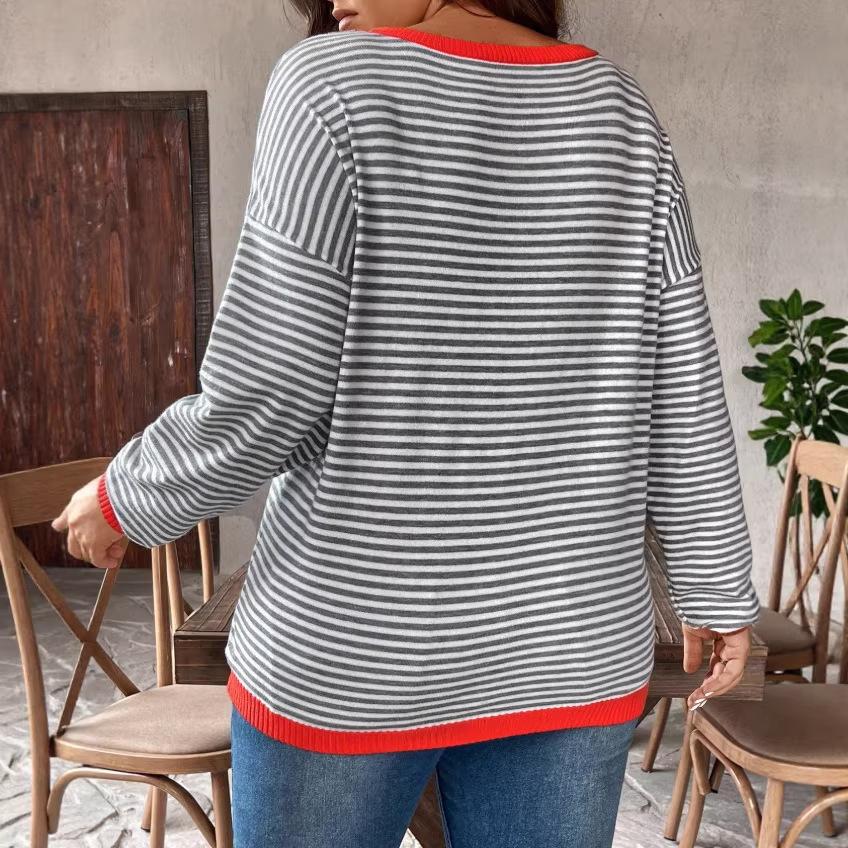 2026 European and American autumn women's striped t-shirt large size top casual sweater