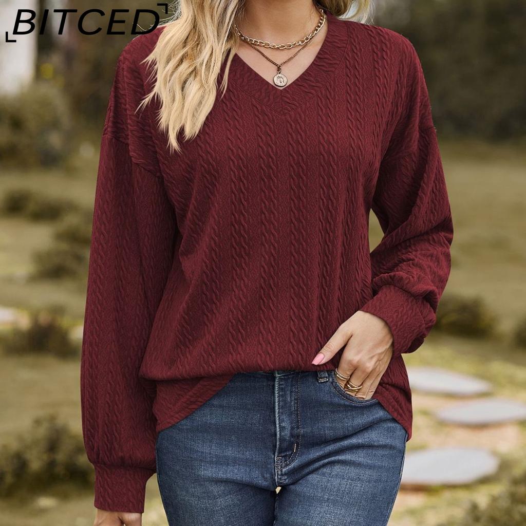 BITCED Осенне-зимняя однотонная свободная повседневная футболка с V-образным вырезом и длинными рукавами для женщин