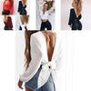 Color Women Solid Long Sleeves Backless Bandage Blouse Cross Loose Tops Bow