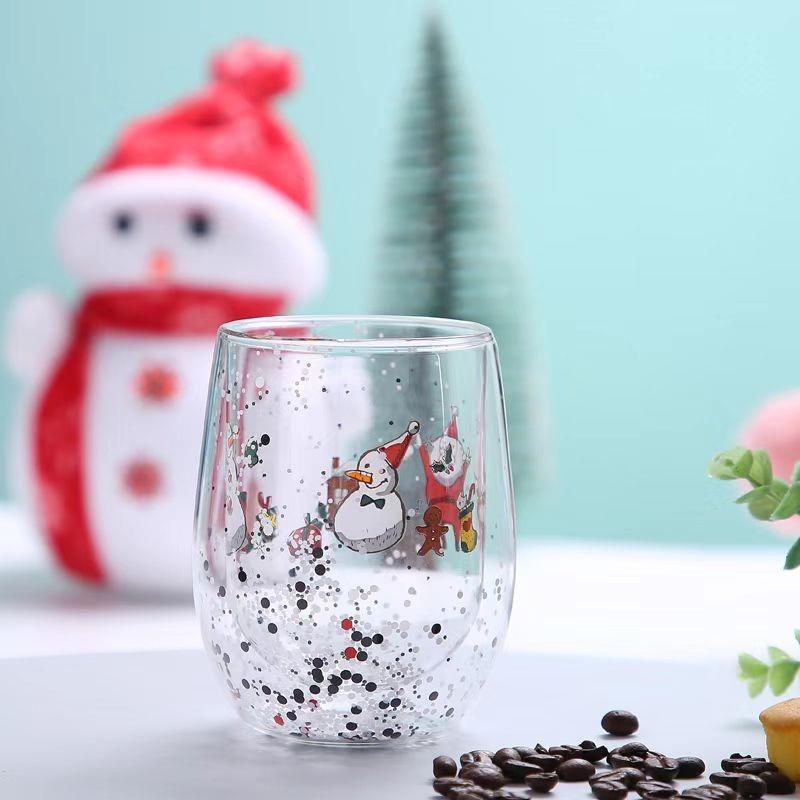 Double Wall Christmas Glass Cup Flowing Sequins Christmas Tree Snowman Coffee Cup Heat Resistant Tea Milk Juice Mug Xmas Gift