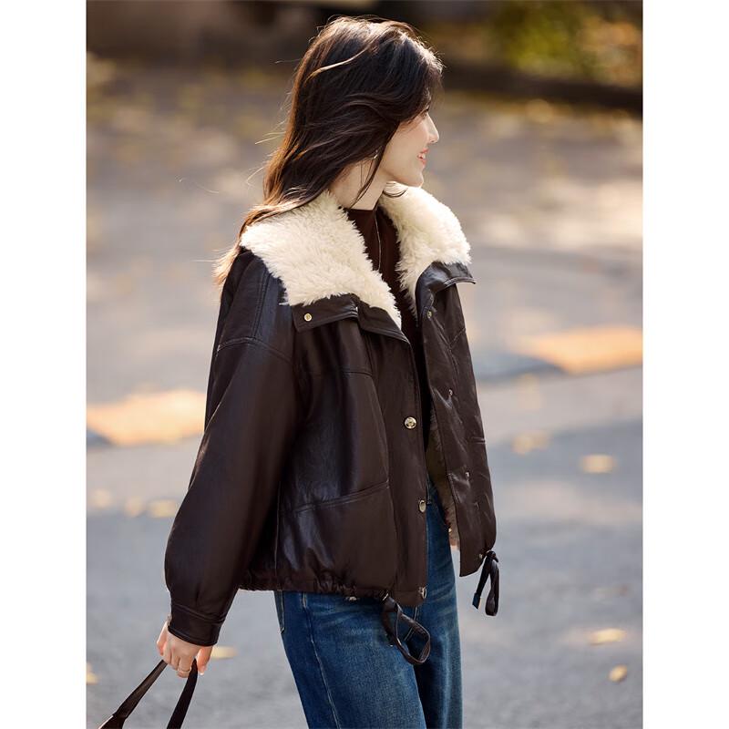 XINFEIYU Женское зимнее пальто из искусственной ПУ кожи с лацканами, на подкладке из искусственной овечьей шерсти