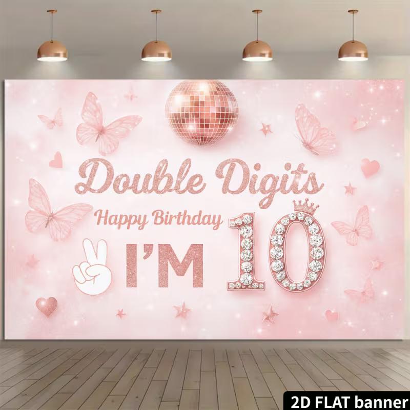 2D Flat Print Rose Gold 10th Birthday Banner with Diamond Number 10 & Crown
