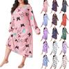 Women's Fashionable Plus Size Pajamas Round Neck Long Sleeved Print Length Nightgown Dress