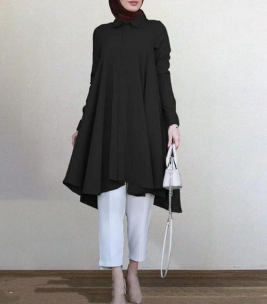 In-Stock Muslim Women's Solid Color Lapel Wrap Shirt: Long Sleeve, Button Placket, Swallowtail Hem