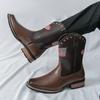 Fashion Men's Retro Western Cowboy Boots Fashion Usa Flag Patchwork Embroidery Mid-calf Leather Boot Designer Casual Shoes