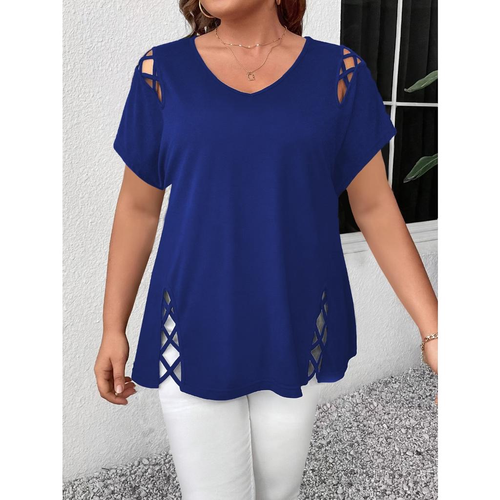 Однотонный короткий рукав с перекрестными бретелями модные элегантные женские топы больших размеров футболка