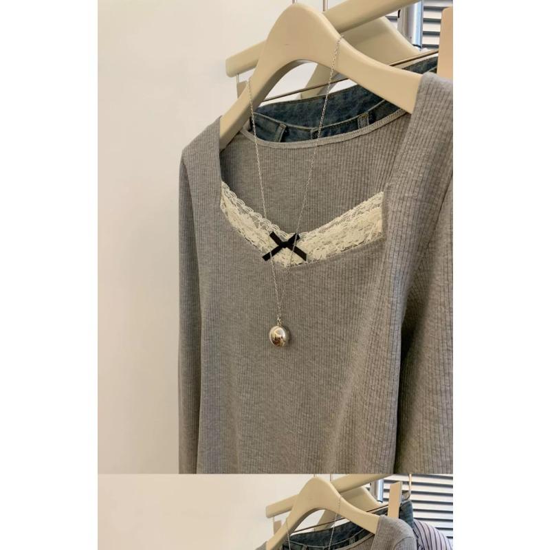 Кружевная лоскутная футболка с длинным рукавом для женщин, тонкие серые хлопковые футболки с бантом и v-образным вырезом, осенние повседневные милые милые топы Harajuku Y2k