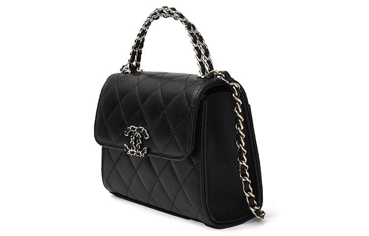 Chanel 23P Сумка Kelly, черная, из зернистой коровьей кожи, с перфорированной ручкой, золотой цепочкой и клапаном, сумка через плечо, женская сумка