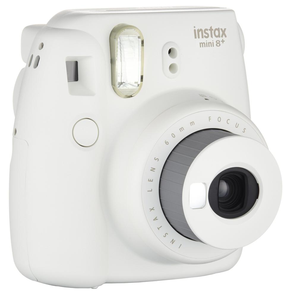 Fujifilm Фотоаппарат мгновенной печати instax mini8 plus с объективом и оригинальным ремешком на руку ваниль INS MINI 8P VANILLA крупным планом