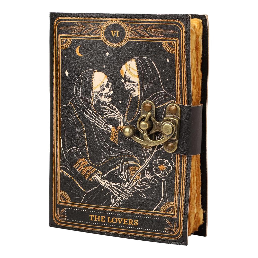 Book of Spells Leather Journal Deckle Edge Paper Journal The Lovers Tarot Notebook Spiral Gothic Notebook Skull Lover Antique Vintage Leather Journal