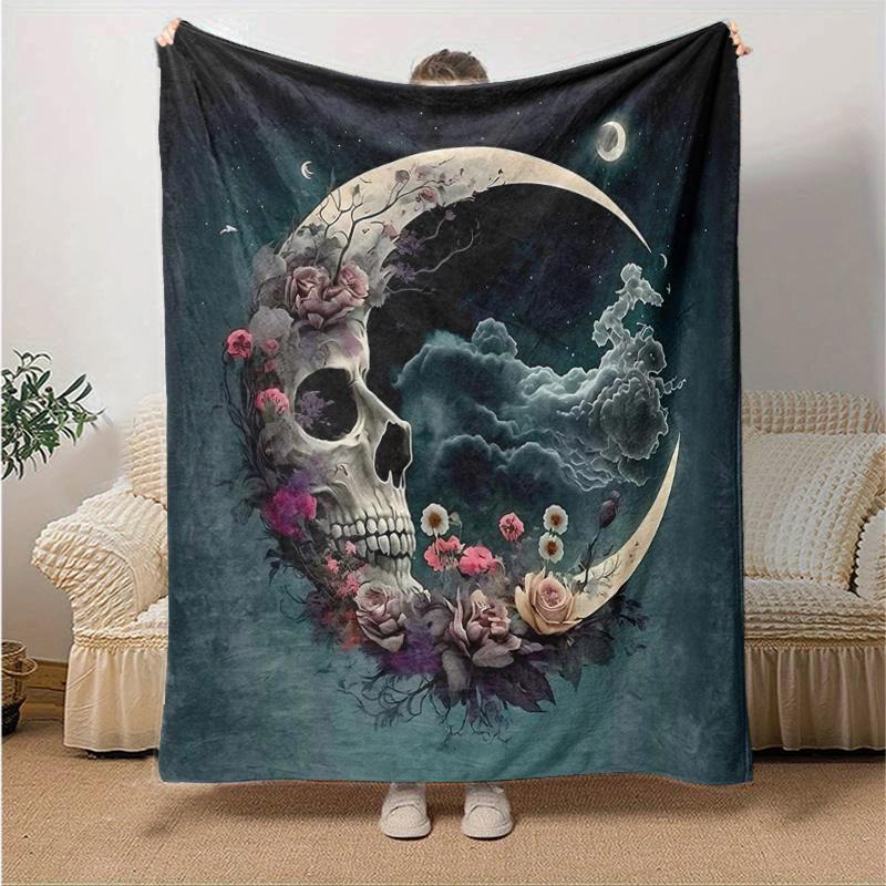 1pc Moonlit Skull Cartoon Blanket Cute Animal Design for Room Decor, Soft Perfect as Birthday Gift, Living Room, Travel, Camping