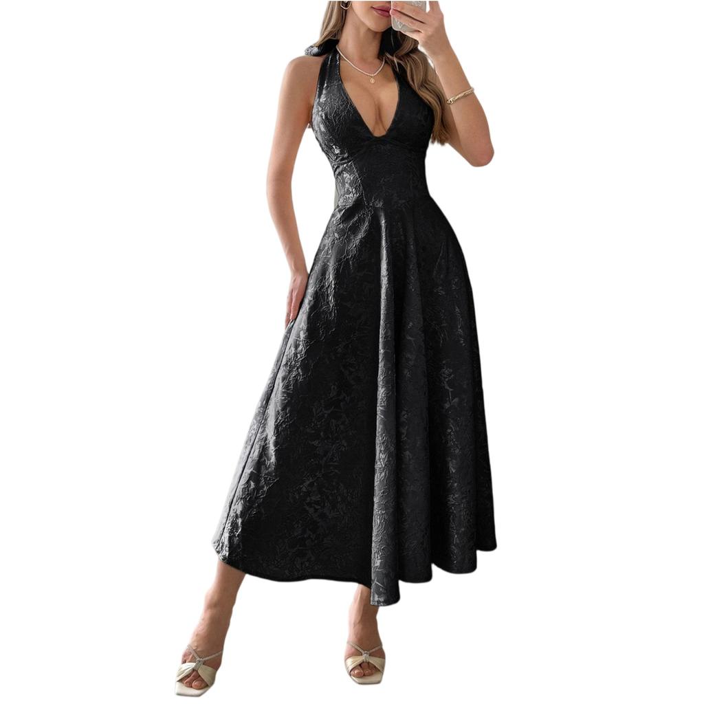 Женское модное однотонное элегантное платье с темпераментом, с вырезом на шее и поясом