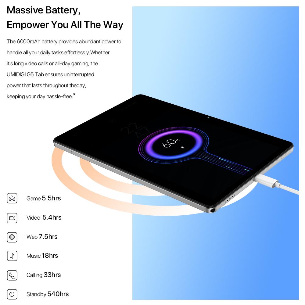 UMIDIGI Планшет G5 Tab, Android 13, 8 ГБ(4+4ГБ) ОЗУ, 128 ГБ ПЗУ, Аккумулятор 6000 мАч, Unisoc T606, 10,1” HD+ Дисплей Full View, 13 МП Основная камера Дешевый планшет