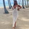 Women Holiday Hollow Out Split Summer Beach Knitted Backless Spaghetti Strap Maxi Dress