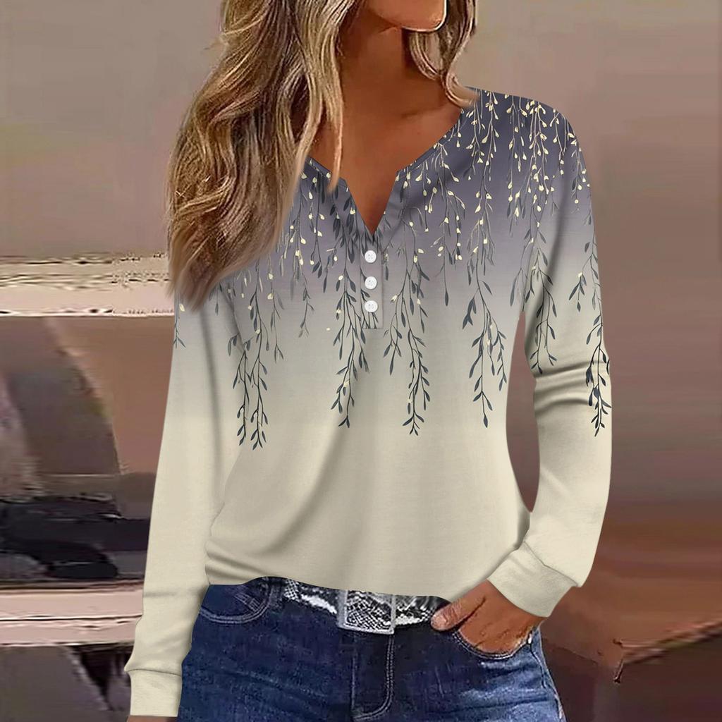 Women's T Shirt Tee Button Long Sleeve Daily Weekend Fashion Basic V- Neck Regular Top