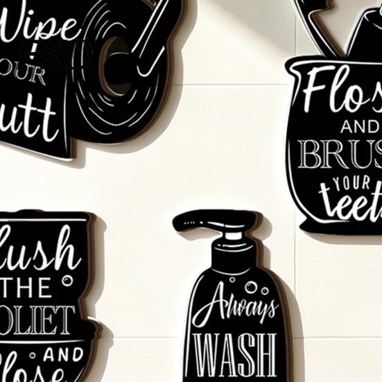 Simple Style Bathroom Decorations 4Pcs Black White Wall Decor, Wooden Art, Hand Sanitizer Toilet Toothbrush Rolling Paper Plaque Cup Signs,