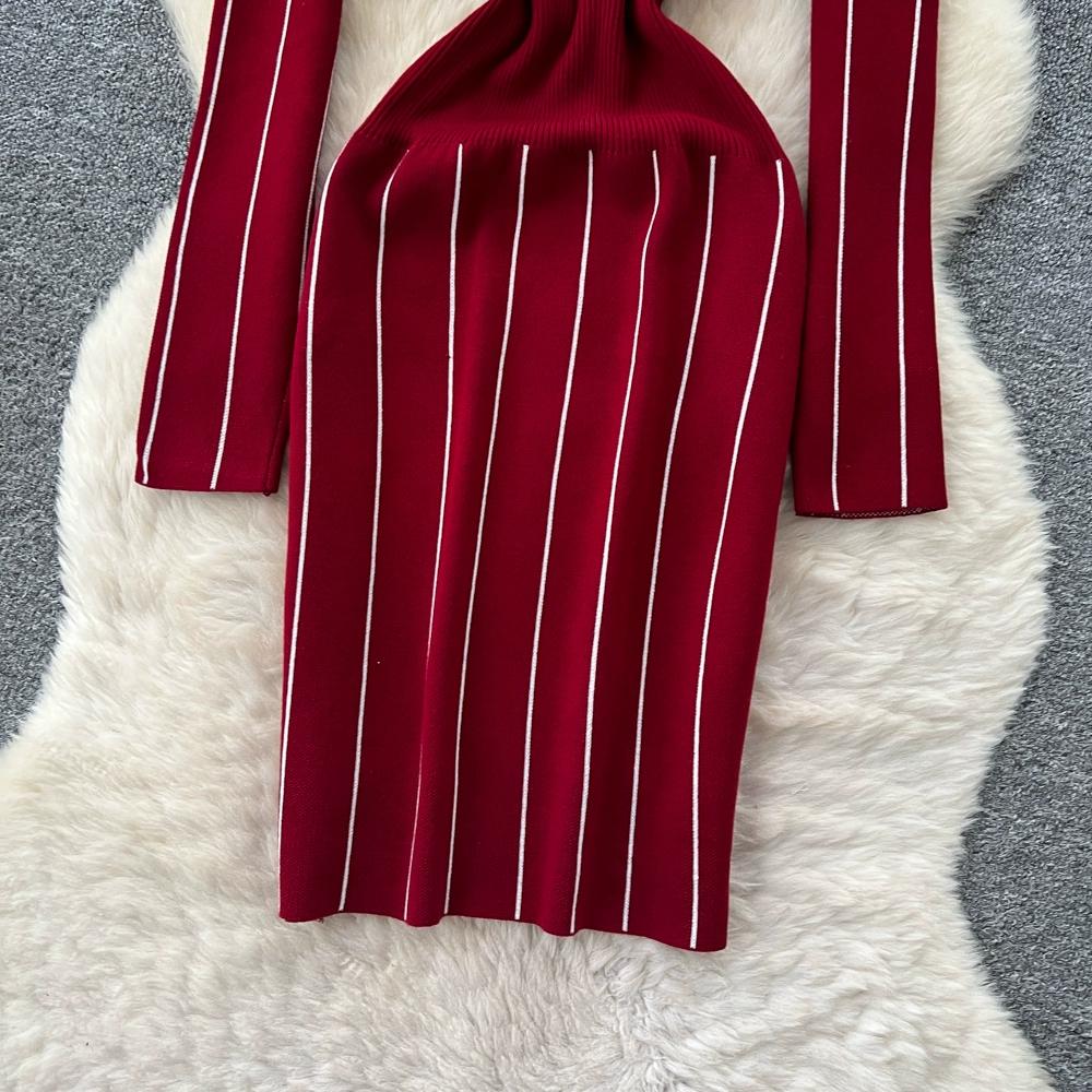 Осень Зима Женский Повседневный Вязаный Свитер с V-образным вырезом и длинным рукавом в полоску, Облегающее Платье-футляр