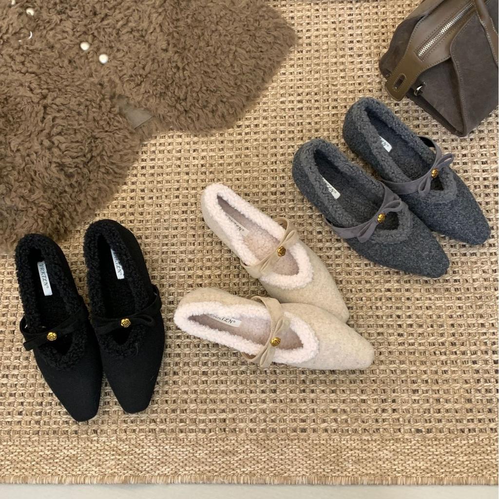 New winter fashion small pointed bow short thick heel velvet warm princess women's single shoes