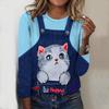 Tops For Spring&Autumn Jeans Cat Print Round Neck Long Sleeve T-shirt Fall Casual Slim Pullover Women's Long Sleeve Top
