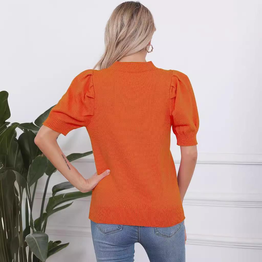 Halloween European And American Knitted Tops Independent Station Pumpkin Smiley Female Slim Short Sleeve Crew Neck Solid Color Sweater Female