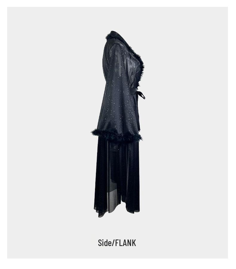 Женский пижамный набор Fiyun из серебристого шелка и халат - Легкая роскошь, Длинный рукав, Пушистый, Охлаждающий на ощупь, Домашняя одежда