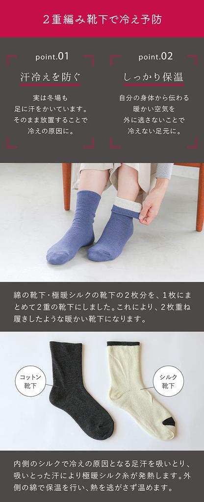 [Kinuyo] 100% Silk Lining Double-Knit Socks, Extra Warm Silk, Women's Size 22.5cm-24.5cm, Navy Blue