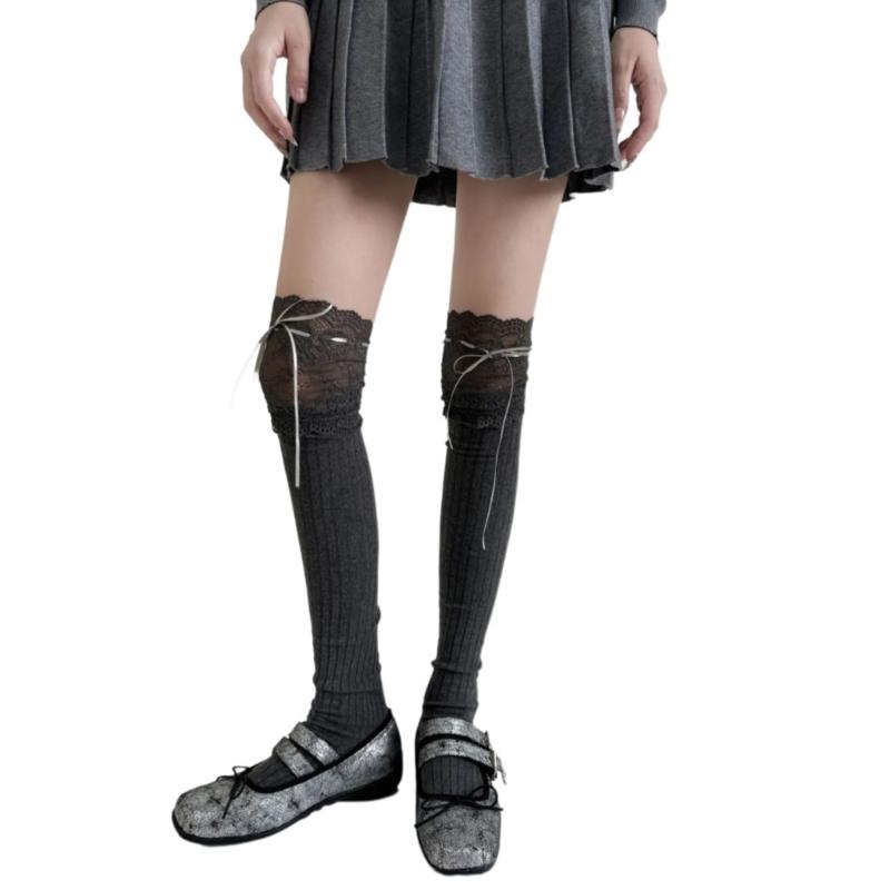 Полосатые длинные носки до колена в рубчик для женщин, японские студенческие, с милым бантом, кружевной вставкой, высокие чулки