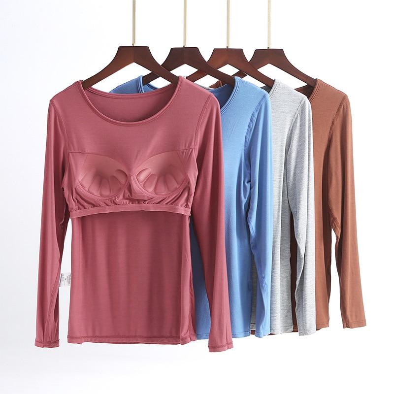 Весенне-осенние пижамы с длинными рукавами и накладкой на груди. Бюстгальтер для домашнего обслуживания. Встроенная осенняя домашняя базовая внутренняя одежда для женщин.