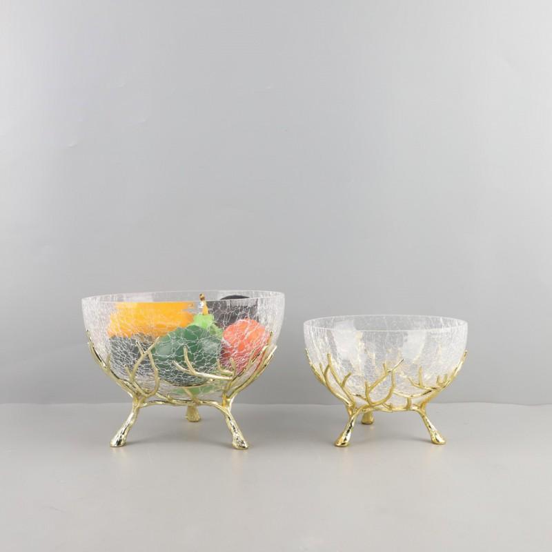 Modern Glass Fruit Bowl With Metal Tray Ice Crack Minimalist Dining Table Decor Restaurant Hotel Airbnb