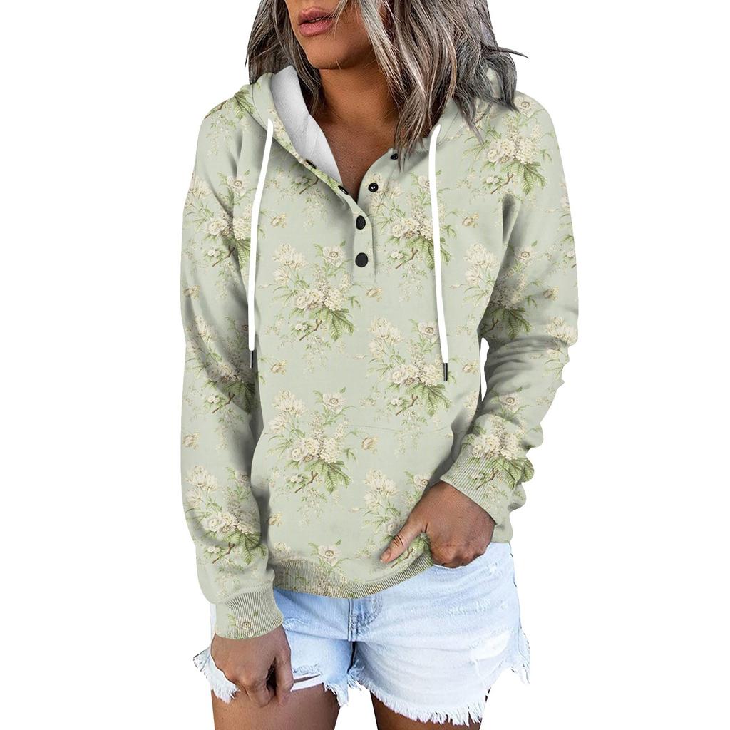 Women's Fashion Slim Fit Long Sleeve Floral Print Hooded Sweatshirt Top