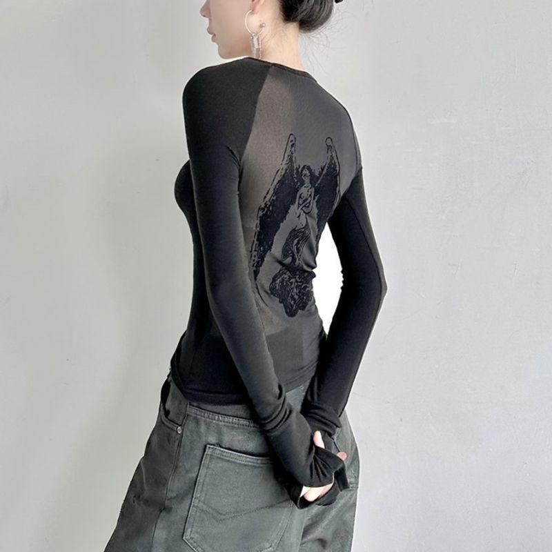 Готика 90-х годов Винтаж E-girl Эмо Одежда Длинные рукава Корсет Укороченные топы Женские Эстетические Черные Футболки Harajuku Панк Уличная одежда Y2K