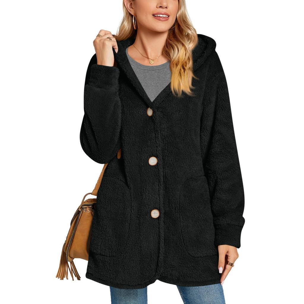 Women's Fashionable Solid Color Long Sleeved Pocket Loose Hooded Button Plush Jacket