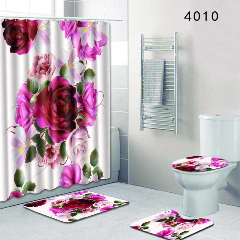 Painted Flowers Bathroom Shower Curtain Floor Mat Toilet Cover Foot Mat Four-Piece Pattern Size Fixed Zhi