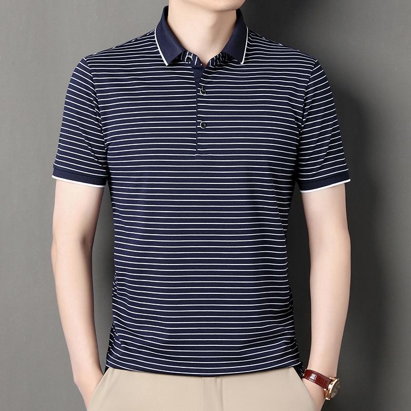 Мужская полосатая рубашка поло с коротким рукавом, деловая повседневная футболка среднего размера с синими лацканами и коротким рукавом