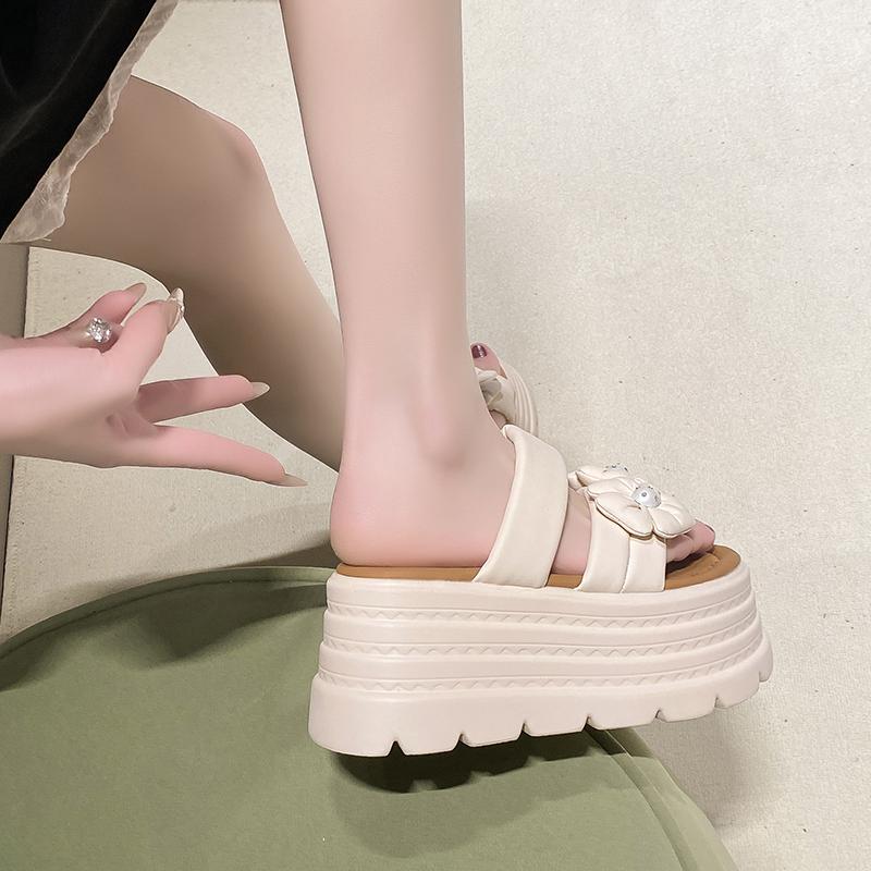 Fashion 8.5CM High Heels Slippers Women 2025 Summer New Thick-Soled Ladies High Platform Flower Beach Sandals Flip Flops Shoes