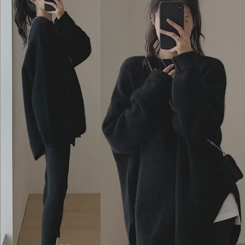 Women's Lazy Style Mid-Length Knitted Sweater - Autumn & Winter 2024 Loose Long-Sleeve Thickened Top