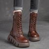 Warm Winter Boots Women Shoes Genuine Leather Plush Zip Round Toe Wedges Handmade Lace-up Platform Boots