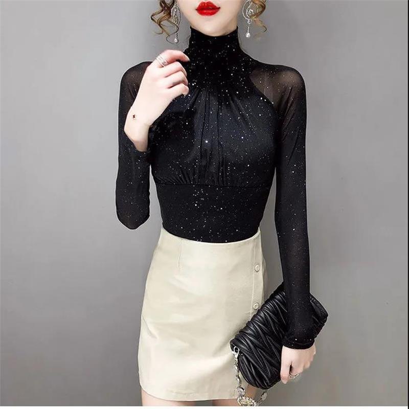 Black Women Half Turtleneck Long Sleeve Pullovers Net Yarn Patchwork See Through Slim Tops