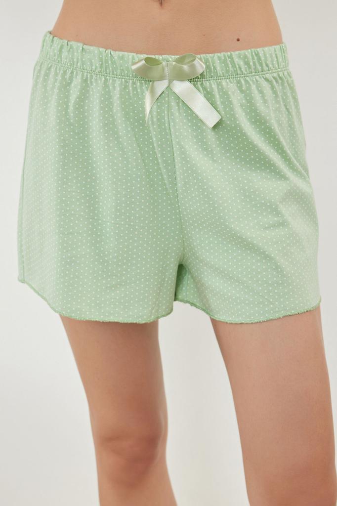 Women's Fashion Green 100% Cotton Polka Dot Ribbon Bow Rope Strap Knitted Pajama Set