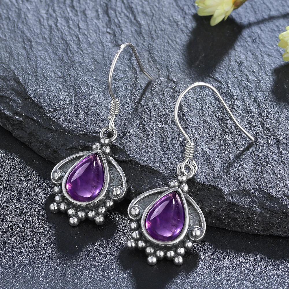 QIBAOKU Серебряные серьги-капли 7X9 мм Натуральный аметист чароит Винтажные для женщин для вечеринки, юбилея, подарки, оптом
